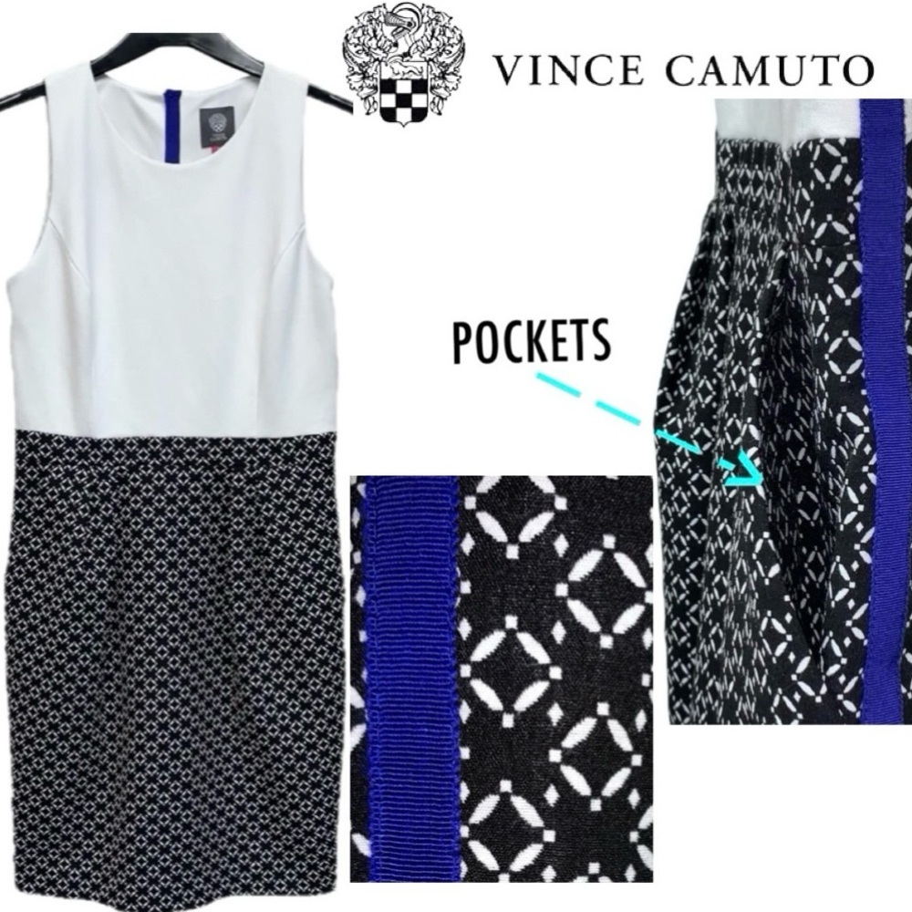 Vince Camuto Black White Sheath Tailored Dress w/ Pockets Exposed Zipper Size 8
